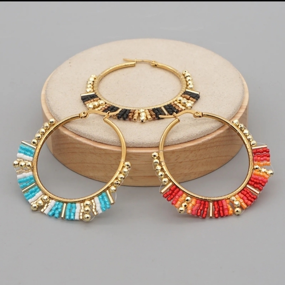 Beaded Hoop Earrings Blue & White Miyuki Rice Beads - Picture 10 of 13